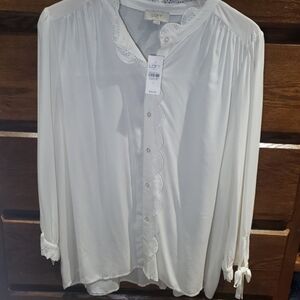 Loft White Button-Up Scalloped Blouse